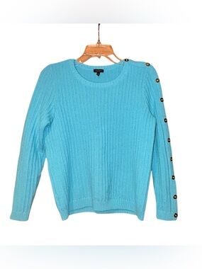 Talbots Womens Sweater Small Turquoise Blue Rib Knit Faux Button Sleeve Pullover
